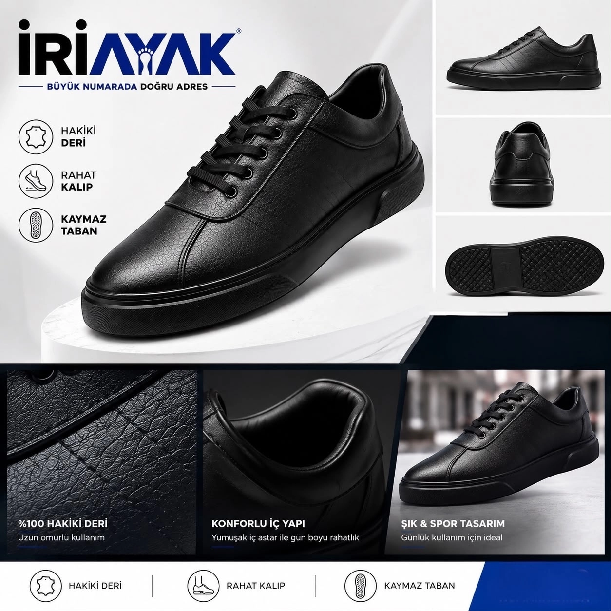 İriayak Büyük Numara Hakiki Deri 40-48 / Rahat Taban Casual Ayakkabı / Erkek - Günlük Kullanıma Uygun