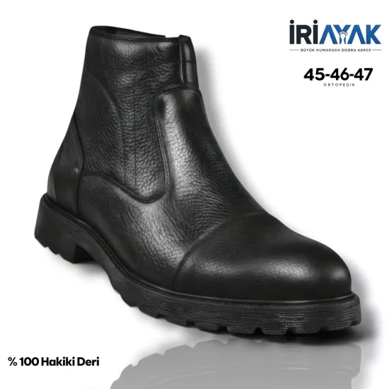 İriayak Erkek Siyah %100 Hakiki Deri Yandan Fermuarlı Büyük Numara Ortopedik Kışlık Bot 45-46-47
