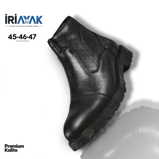 İriayak Erkek Siyah %100 Hakiki Deri Yandan Fermuarlı Büyük Numara Ortopedik Kışlık Bot 45-46-47