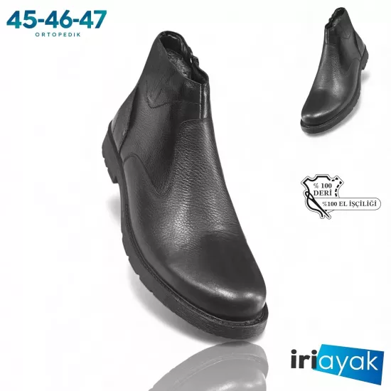 Erkek Siyah %100 Hakiki Deri Büyük Numara Bot Ayakkabı 45-46-47