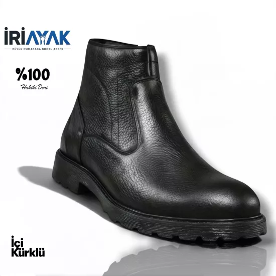 İriayak Erkek Siyah %100 Hakiki Deri Yandan Fermuarlı Büyük Numara Ortopedik Kışlık Bot 45-46-47