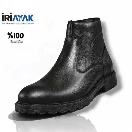 İriayak Erkek Siyah %100 Hakiki Deri Yandan Fermuarlı Büyük Numara Ortopedik Kışlık Bot 45-46-47